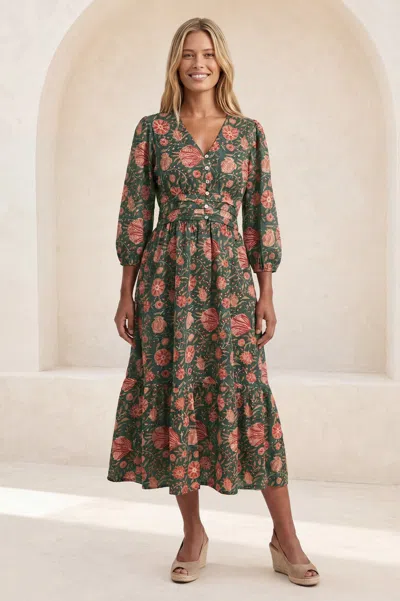 Aspiga Sustainable Women's Jyoti Cotton Midi Dress In Khaki/orange