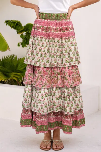 Aspiga Sustainable Women's Tiered Block Print Midi Skirt In White Green Pink