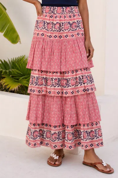 Aspiga Sustainable Women's Tiered Block Print Midi Skirt Pink Navy Holiday