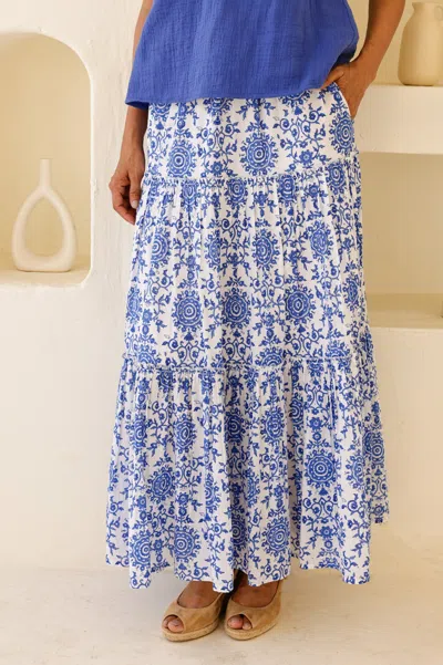 Aspiga Sustainable Womens Becks Block Print Pink Maxi Skirt Summer Holiday 100% Organic Cotton Skirt White  In Multi