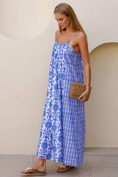 Aspiga Sustainable Womens Bella Block Print Sundress Dress Summer Holiday 100% Organic Cotton Up | L/14 - ( In Blue