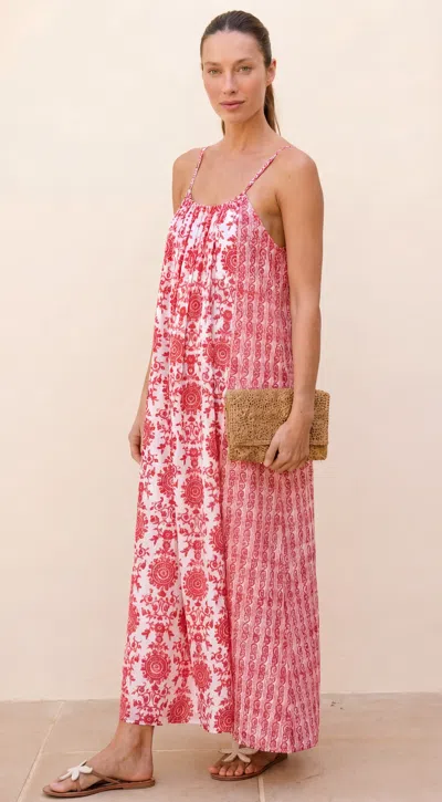 Aspiga Sustainable Womens Bella Block Print Sundress Dress Summer Holiday 100% Organic Cotton White/red In Pink