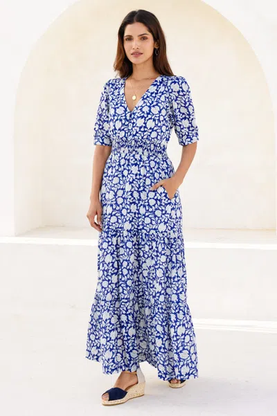 Aspiga Sustainable Womens Billie Block Print Blue Summer Short Sleeve 100% Organic Cotton Dress | Xl/16 - (