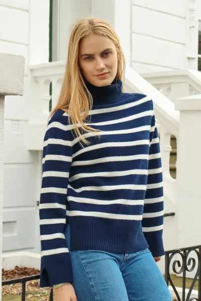 Aspiga Sustainable Womens Blend Striped Roll Neck Jumper Summer Holiday 100% Cashmere Navy White | L/14 - ( In Multi