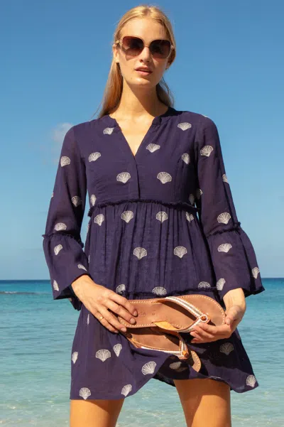 Aspiga Sustainable Womens Cristina Embroidered Navy Shell Kaftan Summer Holiday Beach Cover Up 100% Organic In Blue