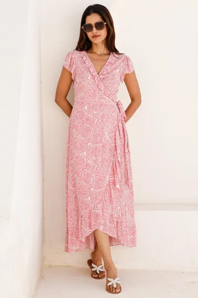 Aspiga Sustainable Womens Demi Wrap Dress Summer Holiday Ecovero Viscose White Pink | Xs/8- (uk 8/us 4/eu 3