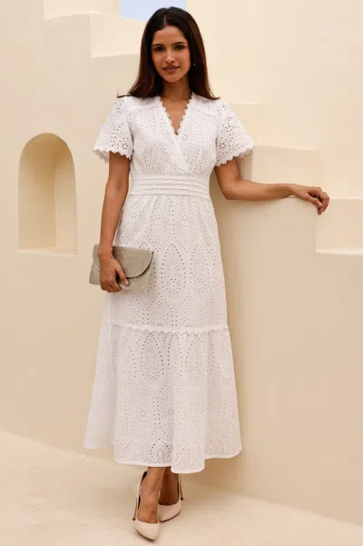Aspiga Sustainable Womens Edie Broderie White Midi Weddings Guest Dress 100% Cotton | L/14 - (uk 14/us 10/e