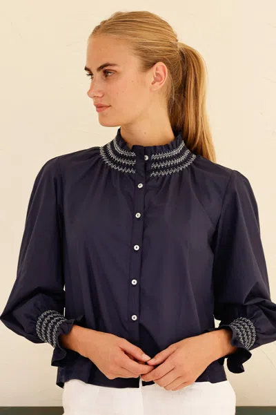 Aspiga Sustainable Womens Embroidered Navy Smocked Blouse Summer 100% Cotton Cotton | Xl/16 - (uk 16/us 12/ In Blue