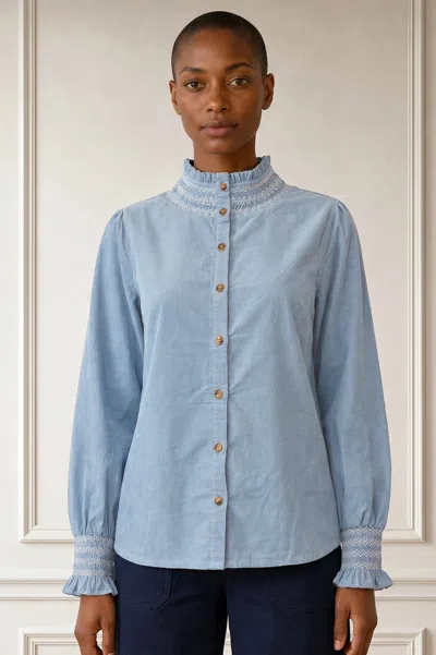Aspiga , Sustainable Womens Embroidered Smocked Baby Cord Blouse, Ice Blue 100% Cotton