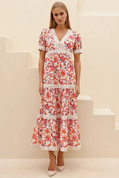 Aspiga Sustainable Womens Enny Sleeve Midi Pink Pattern Wedding Guest Dress Wedding Guest Occasion 100% Org