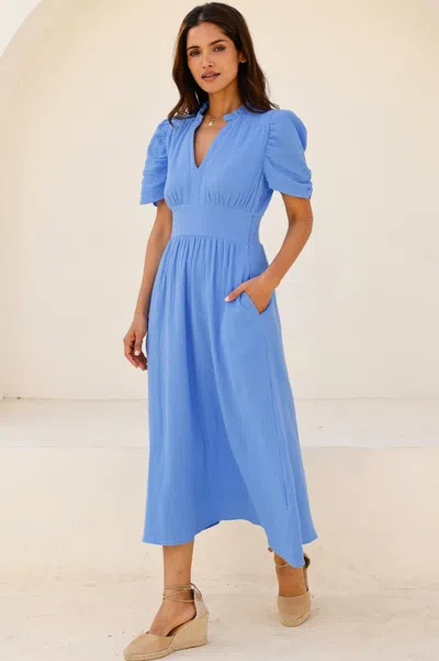 Aspiga Sustainable Womens Esha Cheesecloth Dress Summer Holiday 100% Organic Cotton Cornflower In Blue