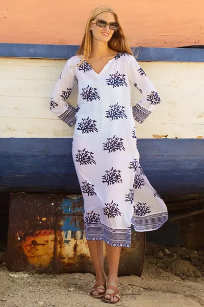 Aspiga Sustainable Womens Guadalupe Maxi Tunic Summer Holiday 100% Organic Cotton White Navy | Xl/16 - (uk 