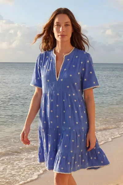 Aspiga Sustainable Womens India Embroidered Mini Blue Dress Summer Holiday 100% Organic Cotton Dress