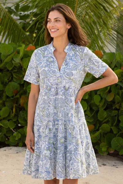 Aspiga Sustainable Womens India Printed Mini Dress Summer Holiday 100% Cotton White Green Blue