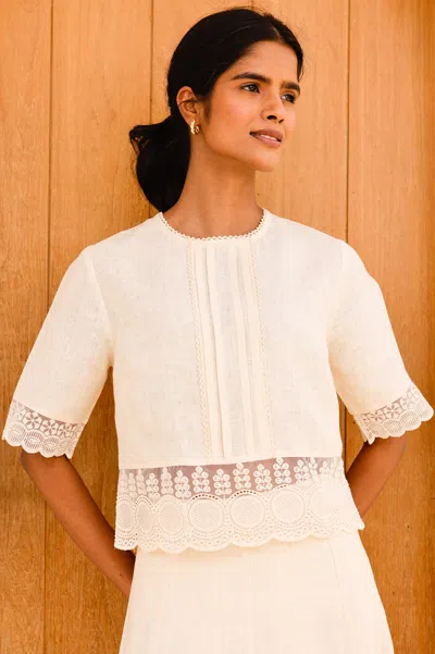 Aspiga Sustainable Womens Linen Lace Top Summer Holiday Occasion Co-ord Ecru | L/14 - (uk 14/us 10/eu 42) In Neutral