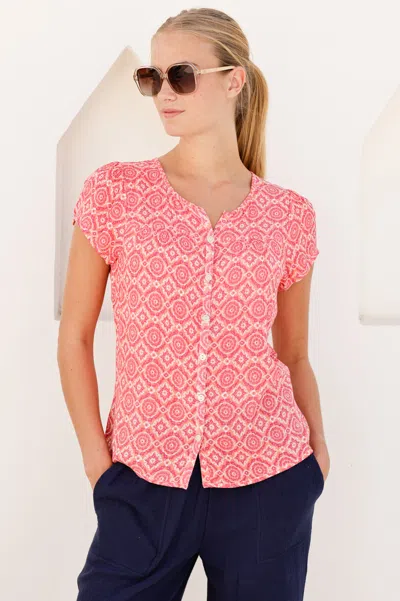 Aspiga Sustainable Womens Lisbon Crinkle Blouse Summer Holiday Viscose Flower Tile Coral/pink | Xxl/18 - (u