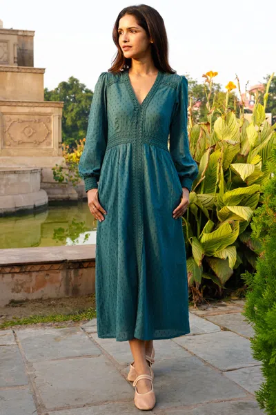 Aspiga Sustainable Womens Long Sleeve Iris Dress Summer Holiday Occasion Teal | Xs/8- (uk 8/us 4/eu 36) | R In Blue