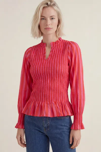 Aspiga Sustainable Womens Long Sleeve Shirred Blouse Summer Red Pink Stripe