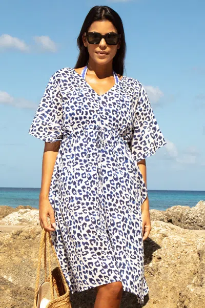 Aspiga Sustainable Womens Manilla Blue Mini Kaftan Summer Holiday Beach Cover Up 100% Organic Cotton White 