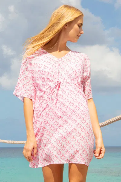 Aspiga Sustainable Womens Manilla Blue Mini Kaftan Summer Holiday Beach Cover Up 100% Organic Cotton White  In Pink