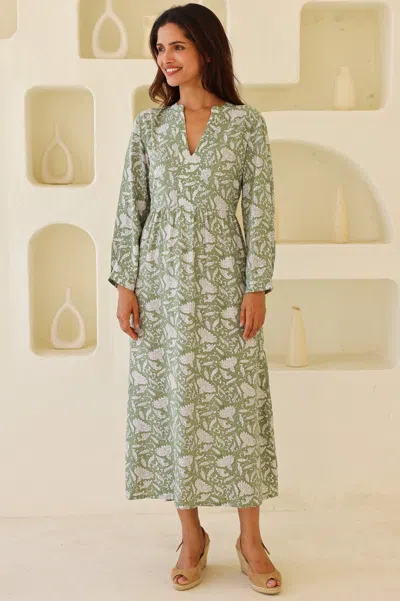 Aspiga Sustainable Womens Mara Rayon Long Sleeve Dress Summer Holiday Khaki White | Xl/16 - (uk 16/us 12/eu In Green