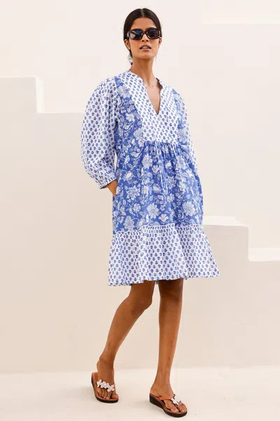 Aspiga Sustainable Womens Marina Print Mix Dress Summer Holiday 100% Organic Cotton Cobalt White | Xxl/18 - In Blue