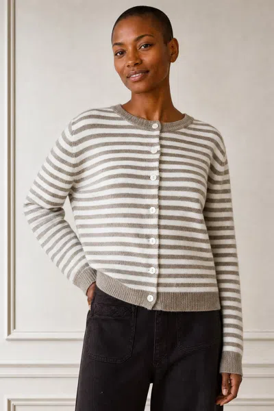 Aspiga , Sustainable Womens Merino Wool Button Through Stripe Cardigan, Taupe Cream, Cozy Lounging In Neutral