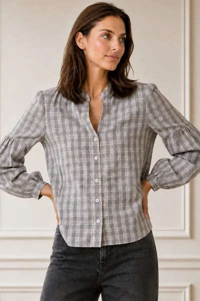 Aspiga Sustainable Womens Notch Neck Check Blouse Transseasonal Grey White Mini Check