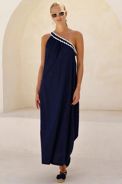 Aspiga Sustainable Womens One Size Shoulder Dobby Ric Rac Dress Summer Holiday Cotton In Blue