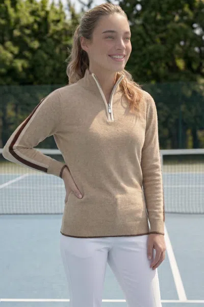 Aspiga Sustainable Womens Overarm Stripe Quarter Zip Jumper 100% Merino Wool Taupe/cream/chocolate | L/14 - In Brown