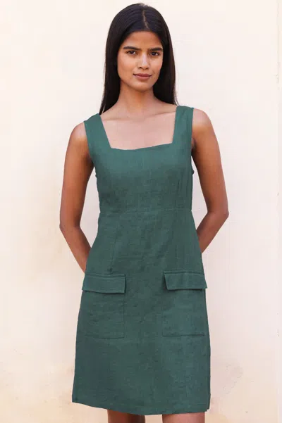 Aspiga Sustainable Womens Patch Pocket Dress Summer Holiday 100% Linen Teal