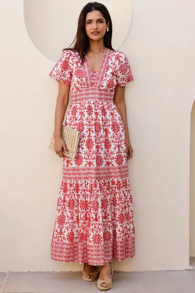 Aspiga Sustainable Womens Pippa Block Print Dress Summer Wedding Guest Occasion 100% Organic Cotton | S/10  In Multi