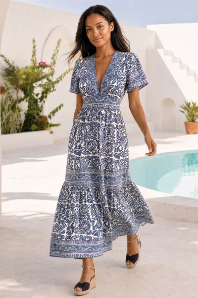 Aspiga Sustainable Womens Pippa Sleeve Block Print Dress Summer Holiday Occasion 100% Organic Cotton In Blue And White