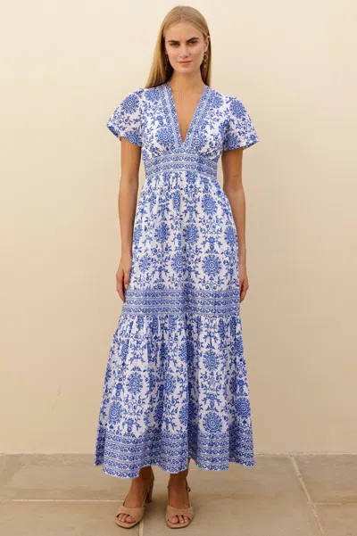 Aspiga Sustainable Womens Pippa Sleeve Block Print Dress Summer Holiday Occasion 100% Organic Cotton Dress  In Blue