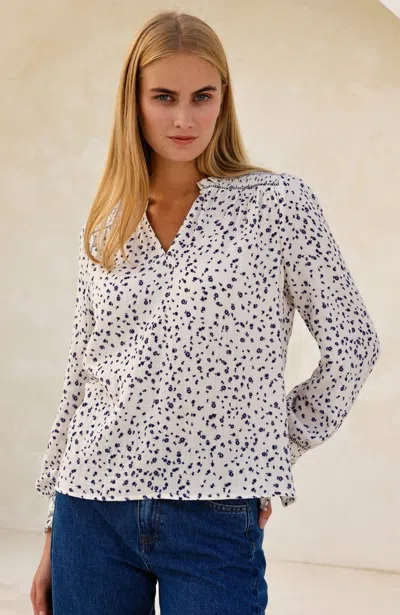 Aspiga Sustainable Womens Printed Smocked Organic Cotton Cheesecloth Blouse | Xl/16 - (uk 16/us 12/eu 44) In White