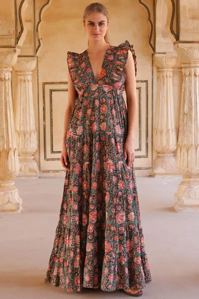 Aspiga Sustainable Womens Rose Frill Maxi Dress Wedding Guest Occasion Khaki/orange In Gold