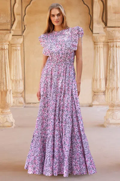 Aspiga Sustainable Womens Rose Frill Maxi Dress Wedding Guest Occasion White/green/pink