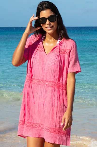 Aspiga Sustainable Womens Roxy Kaftan Summer Holiday Beach Cover Up 100% Crinkle Cotton | L/14 - (uk 14/us  In Pink