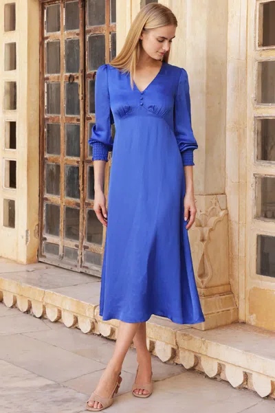 Aspiga Sustainable Womens Sabine Long Sleeved Hammered Dress Summer Holiday 100% Satin Blue