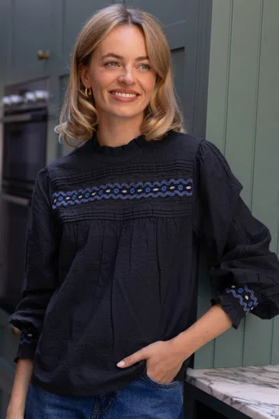 Aspiga Sustainable Womens Seersucker Embroidered Blouse In Navy In Blue