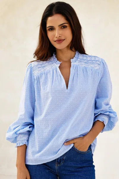Aspiga Sustainable Womens Smocked Stripe Dobby Blouse Summer Holiday 100% Organic Cotton Blue White