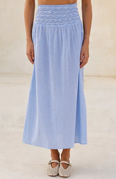 Aspiga Sustainable Womens Smocked Stripe Dobby Skirt Summer Holiday 100% Organic Cotton Blue White