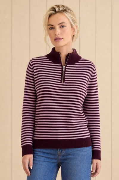 Aspiga Sustainable Womens Stripe Quarter Zip Jumper 100% Merino Wool, Burgundy/pink In Multi
