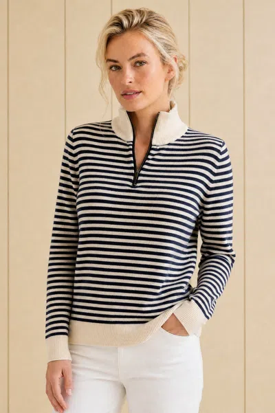 Aspiga , Sustainable Womens Stripe Quarter Zip Jumper 100% Merino Wool, Off White/navy In Black