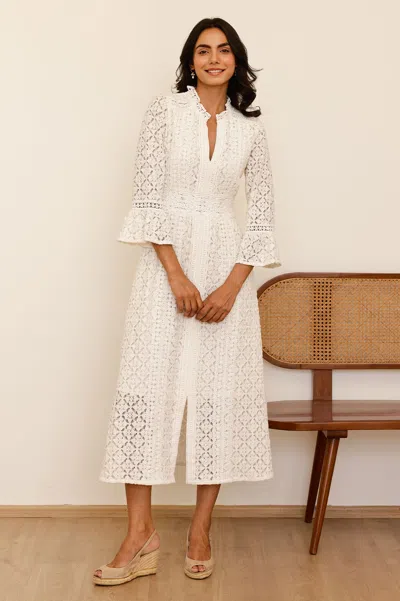 Aspiga Sustainable Womens Thea Blend Lace Ecru Dress Summer Wedding Guest Cotton In White