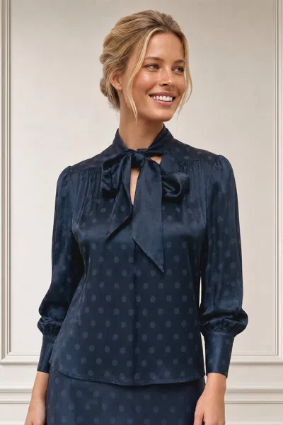 Aspiga Sustainable Womens Tie Neck Satin Spot Jacquard Blouse , Navy, Evening Dinner In Blue