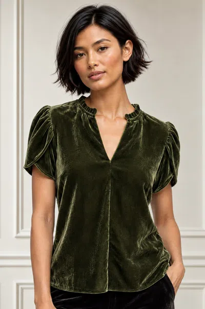 Aspiga , Sustainable Womens Tulip Sleeve Velvet Blouse, Dark Olive, Evening Wear In Green