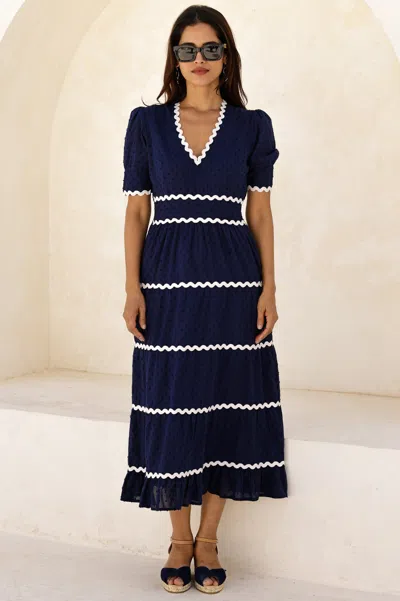 Aspiga Sustainable Womens Viola Sleeve Ric Rac Dress Summer Holiday 100% Organic Cotton | Xl/16 - (uk 16/us In Blue