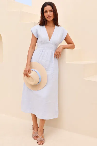 Aspiga Sustainable Womens V-neck Dress Summer Occasion 100% Linen Light Blue