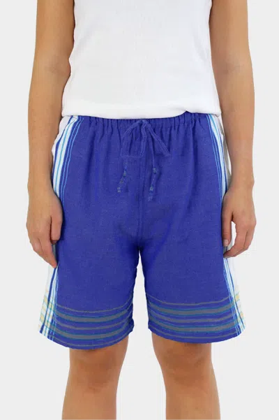 Aspiga Unisex Sustainable Kenyan Kikoy Shorts Blue/white Stripe 100% Cotton | M/12 - (uk 12/us 8/eu 40)
